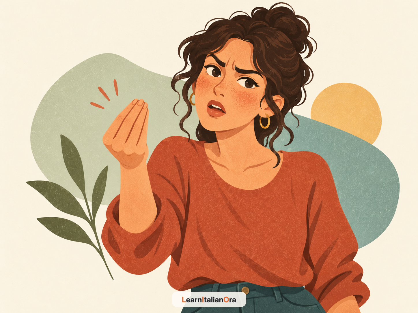 Woman holding her fingertips together in the Italian gesture meaning What do you want?