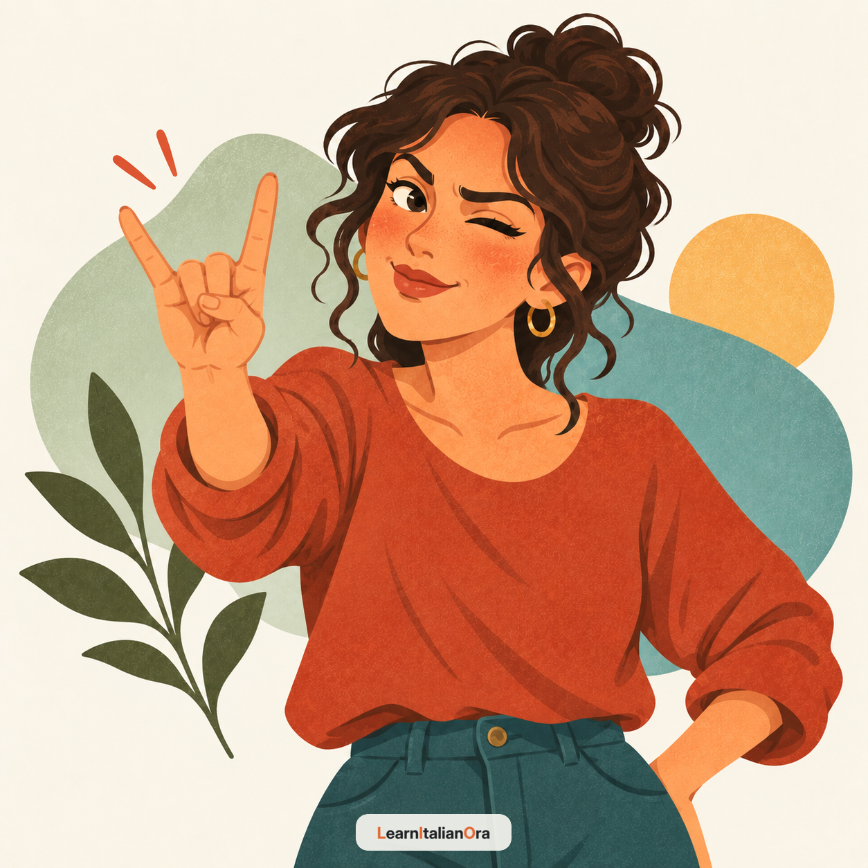 Woman extending her index and little fingers in the Italian horns gesture.