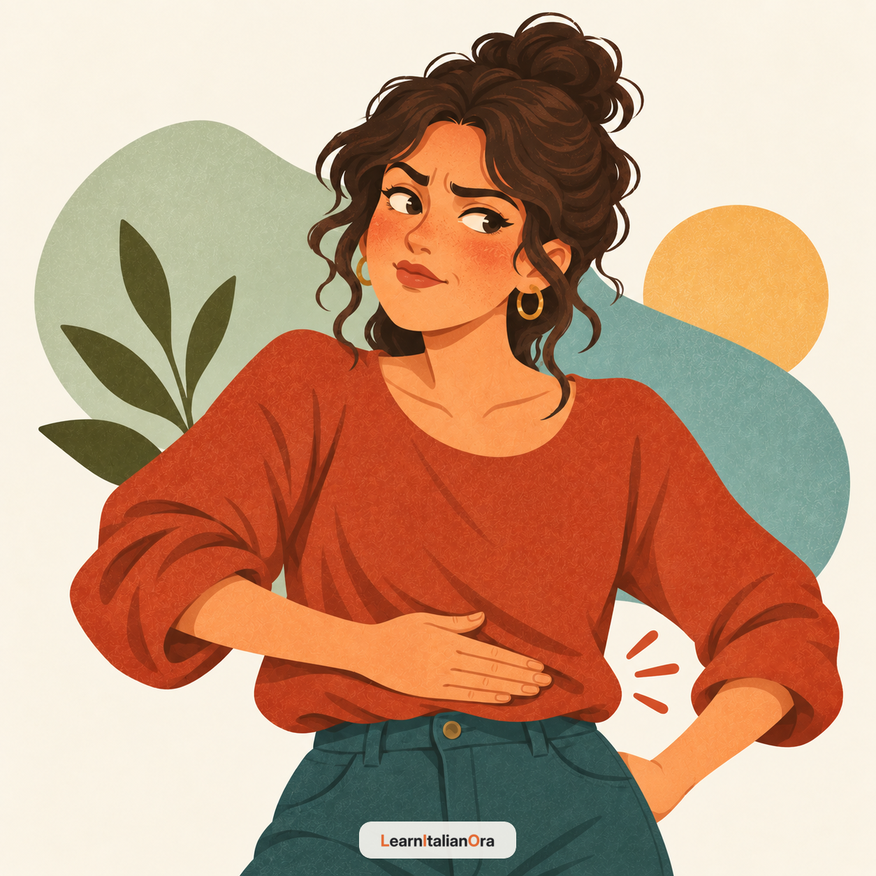 Woman holding a flat hand across her stomach to express You’re a burden.