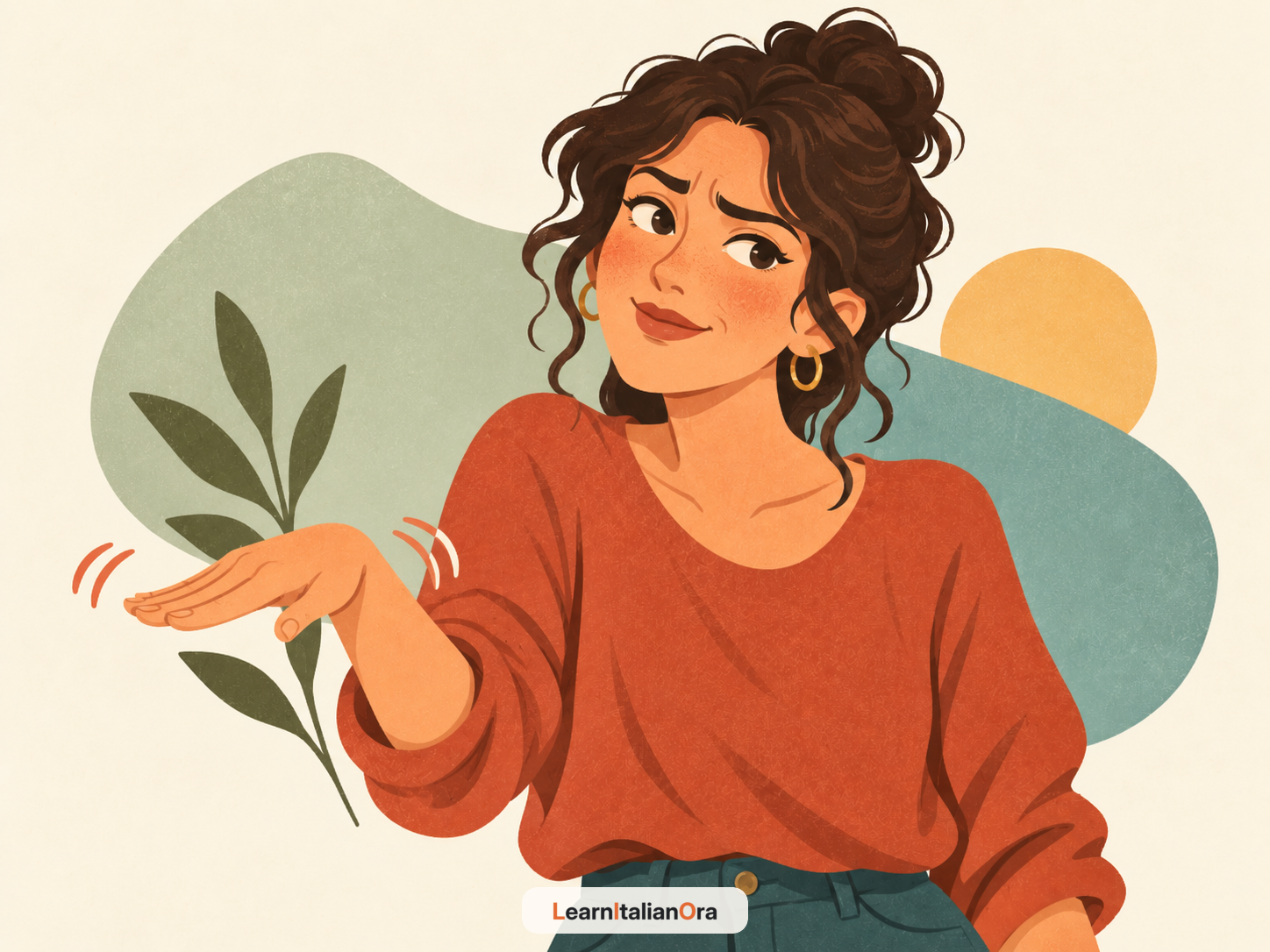 Woman moving her hand palm down to ask someone to calm down.
