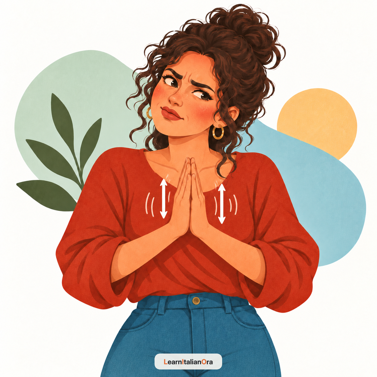 Woman moving her joined palms up and down to express What are you talking about?