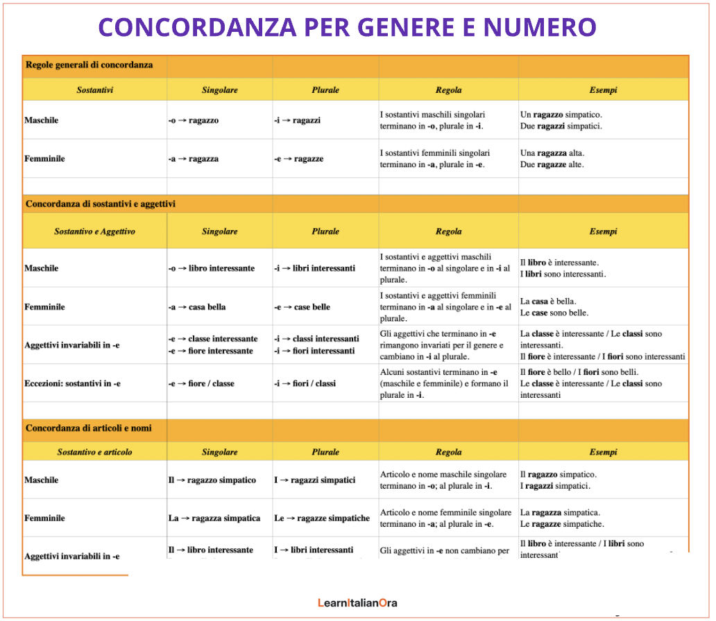 Chart of Italian gender and number agreement