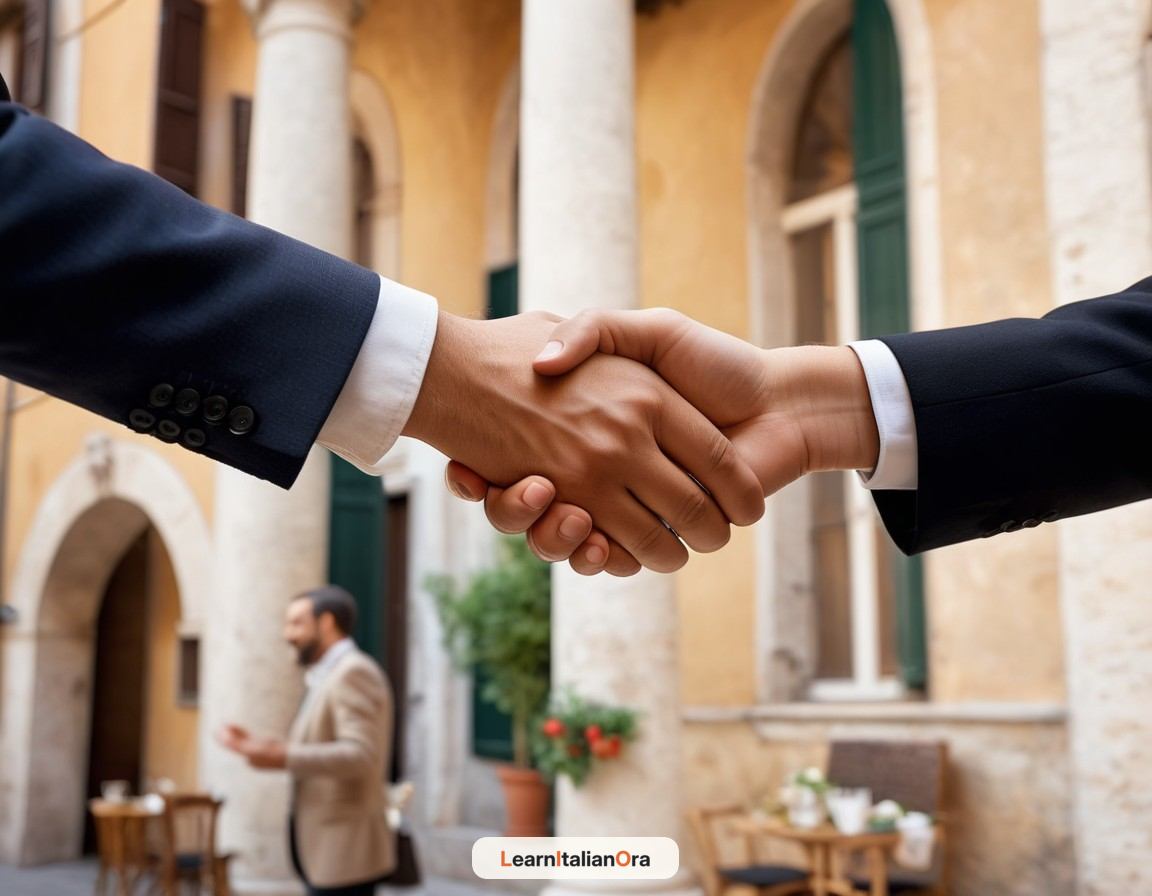 Two people shaking hands in an Italian setting