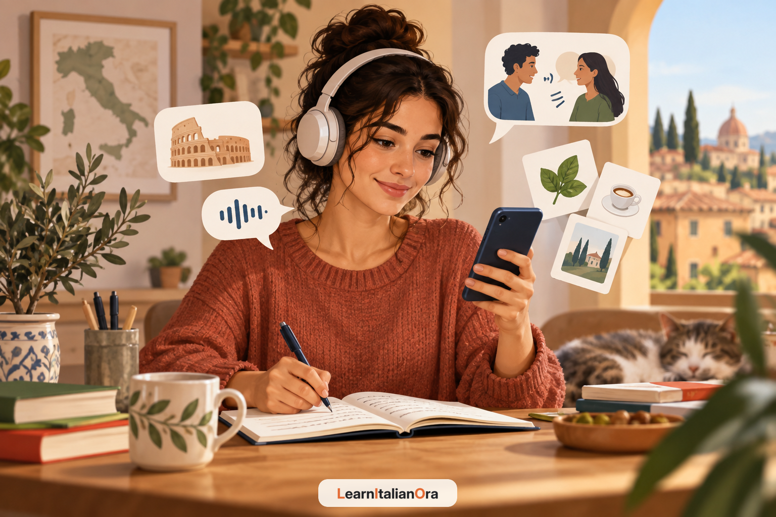 mmagine con loghi delle principali app per l'apprendimento delle lingue, tra cui Duolingo, Babbel, Rosetta Stone, Memrise e Promova, accompagnati da elementi iconici italiani come il Colosseo e una Vespa.